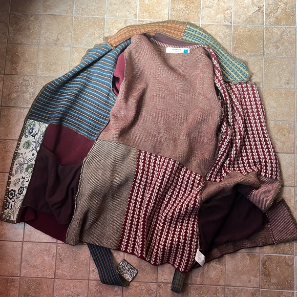 Anthropologie Sparrow Patchwork Jacquard Sweater Coat Belted Cardigan Pockets - Picture 8 of 15